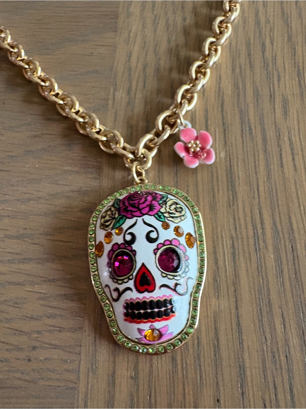 Betsey Johnson Gold-Tone Sugar Skull Pendant Necklace with Pink Accents